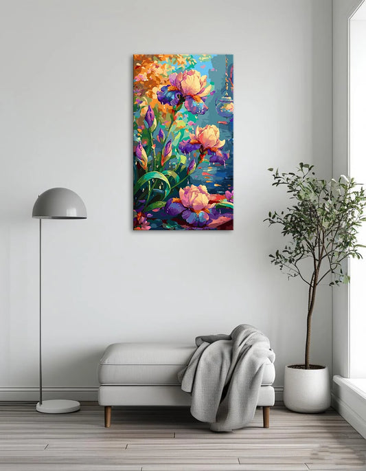 A vibrant painting of colorful flowers blooming in a lush garden setting.