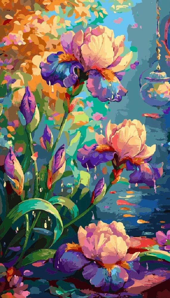 A vibrant painting of colorful flowers blooming in a lush garden setting.