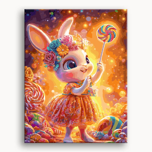 A whimsical painting of a bunny joyfully holding a colorful lollipop in its paws.