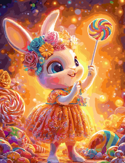 A whimsical painting of a bunny joyfully holding a colorful lollipop in its paws.