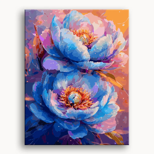 A painting featuring two blue flowers set against a vibrant purple background.
