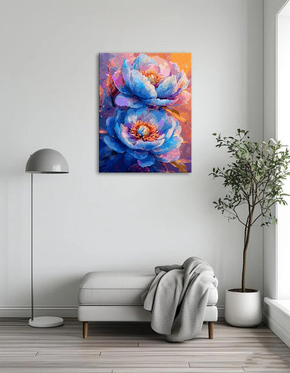 A painting featuring two blue flowers set against a vibrant purple background.