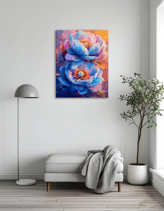 A painting featuring two blue flowers set against a vibrant purple background.