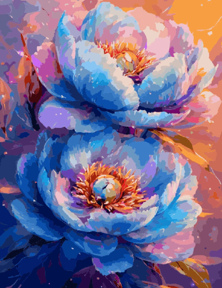 A painting featuring two blue flowers set against a vibrant purple background.