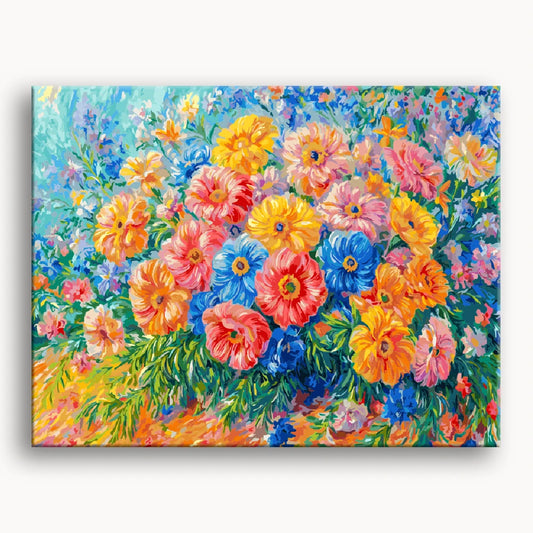 A vibrant painting of assorted colorful flowers arranged on a table, showcasing their beauty and variety.