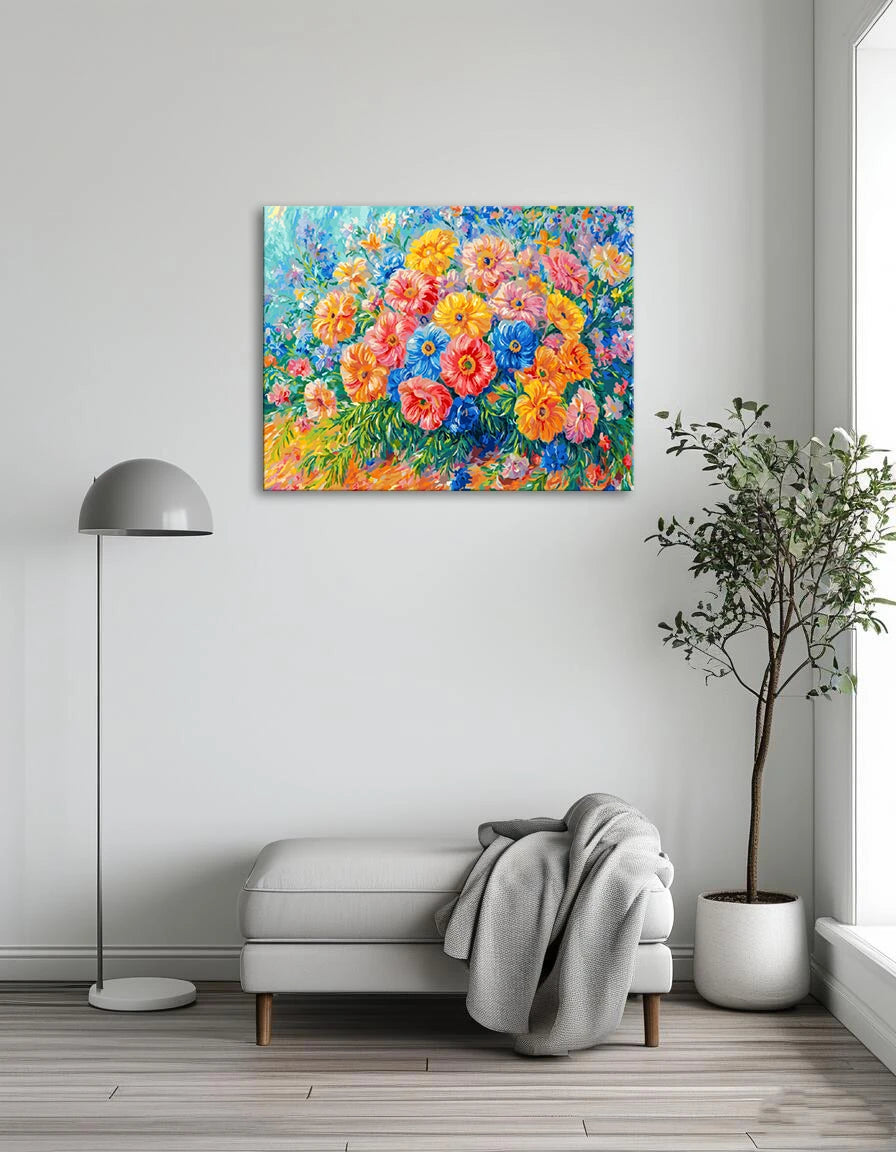 A vibrant painting of assorted colorful flowers arranged on a table, showcasing their beauty and variety.