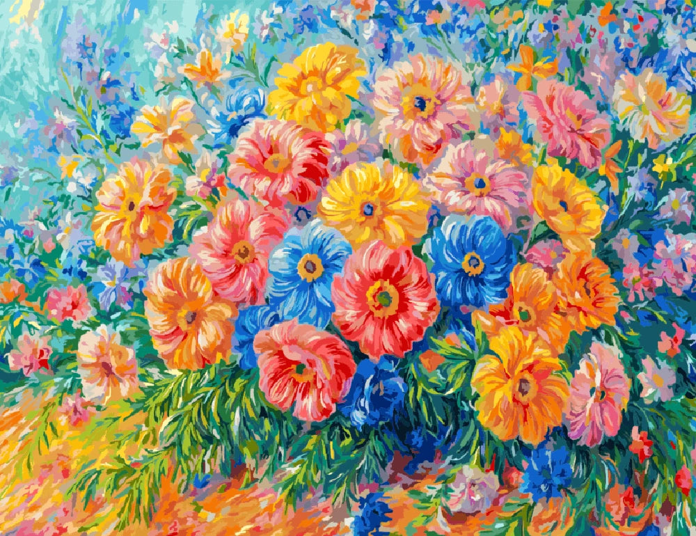 A vibrant painting of assorted colorful flowers arranged on a table, showcasing their beauty and variety.