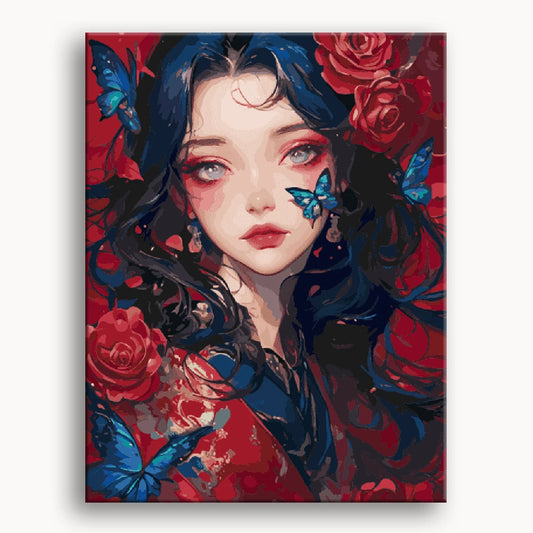 A vibrant painting of a woman with blue hair surrounded by colorful butterflies fluttering around her.