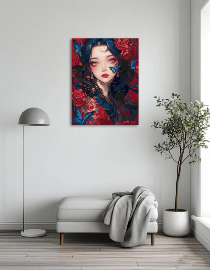 A vibrant painting of a woman with blue hair surrounded by colorful butterflies fluttering around her.