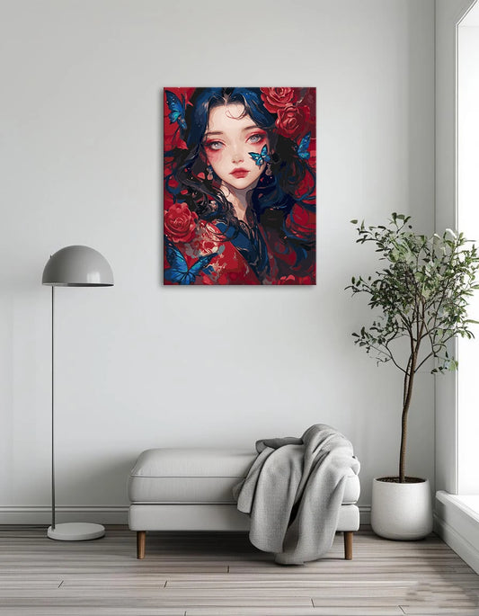 A vibrant painting of a woman with blue hair surrounded by colorful butterflies fluttering around her.