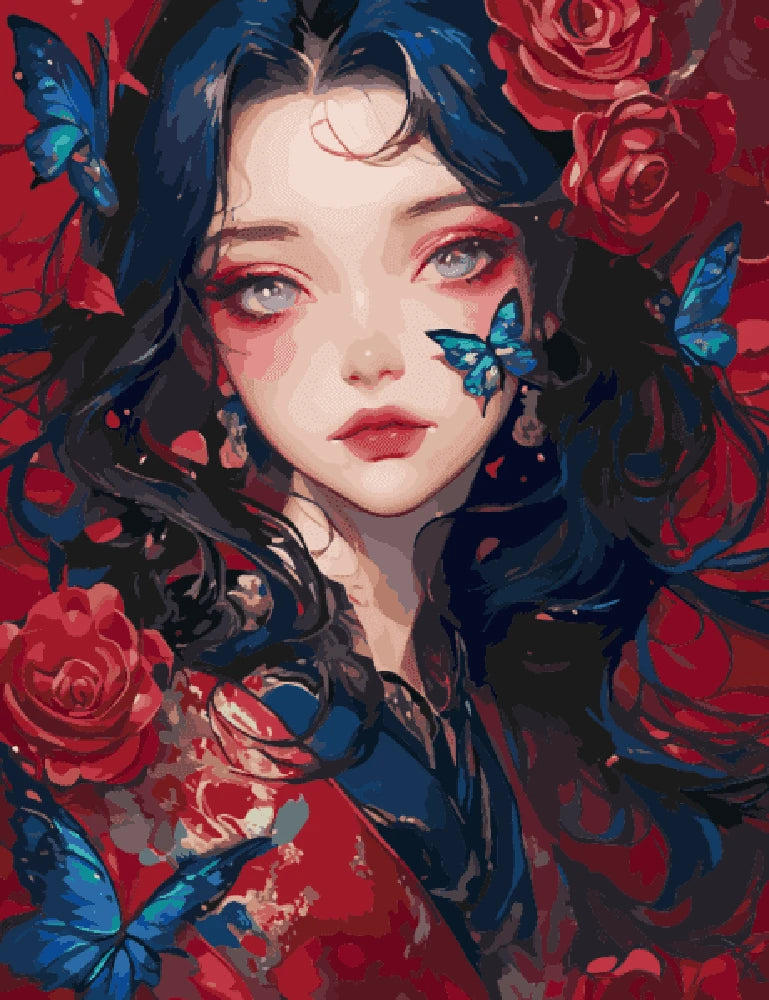 A vibrant painting of a woman with blue hair surrounded by colorful butterflies fluttering around her.