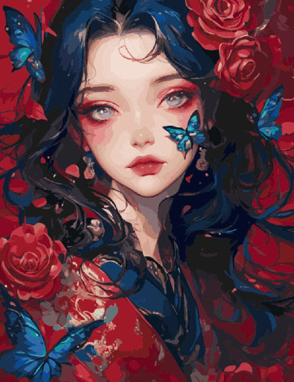 A vibrant painting of a woman with blue hair surrounded by colorful butterflies fluttering around her.