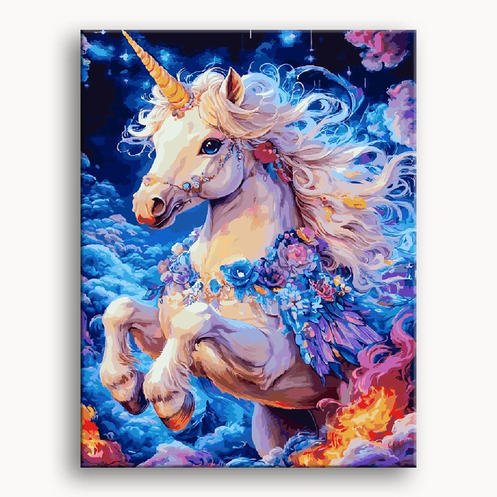 A whimsical unicorn floating in a bright blue sky, illustrated by Julia McCormick, surrounded by fluffy white clouds.
