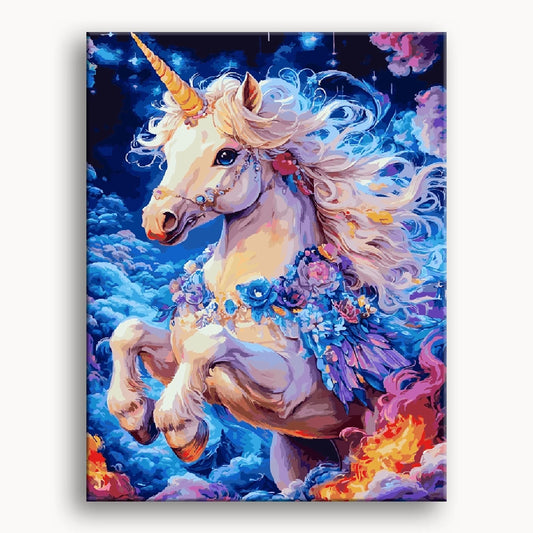 A whimsical unicorn floating in a bright blue sky, illustrated by Julia McCormick, surrounded by fluffy white clouds.
