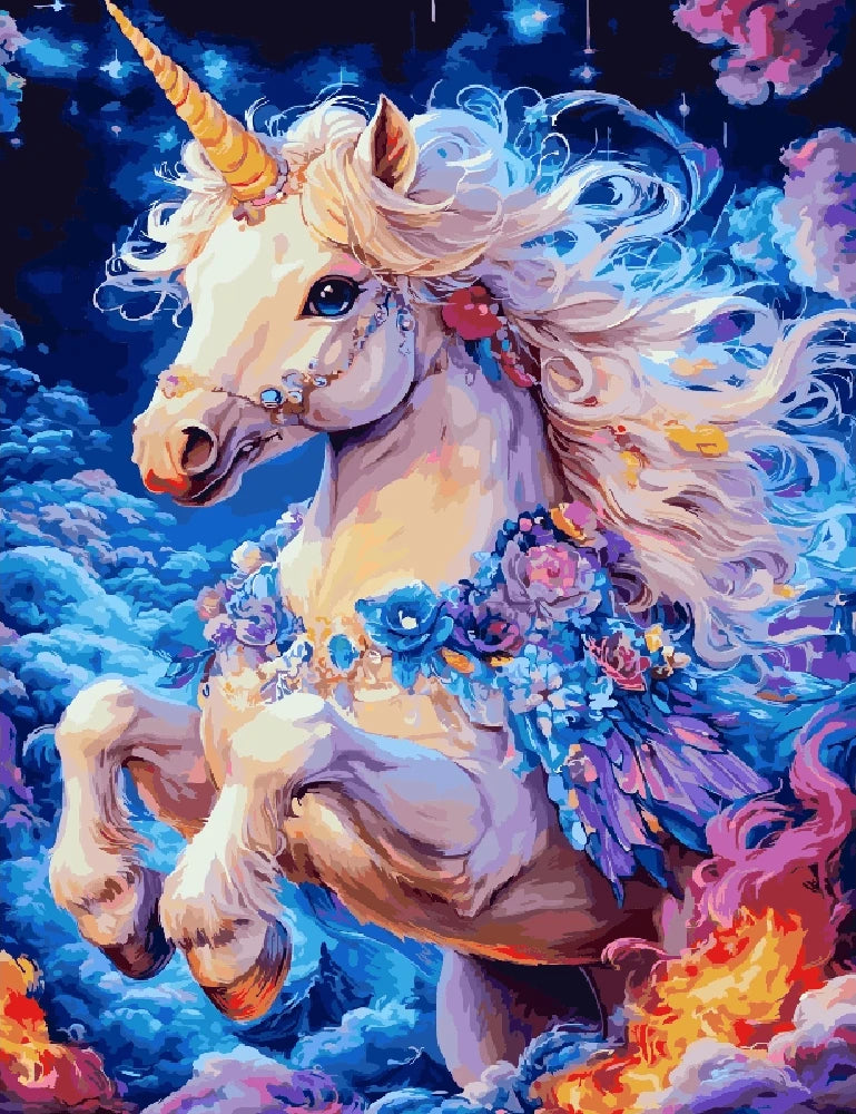 A whimsical unicorn floating in a bright blue sky, illustrated by Julia McCormick, surrounded by fluffy white clouds.
