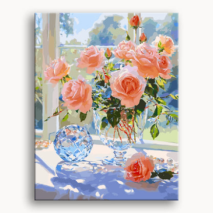 A painting depicting a vase filled with vibrant pink roses against a soft background.