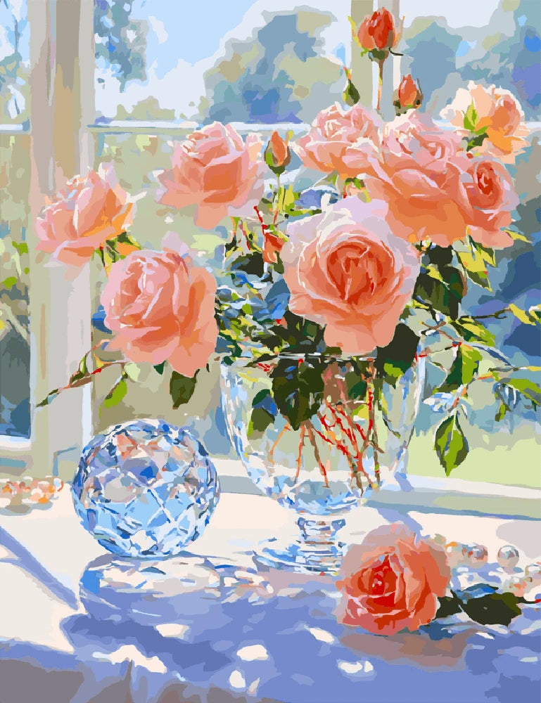 A painting depicting a vase filled with vibrant pink roses against a soft background.