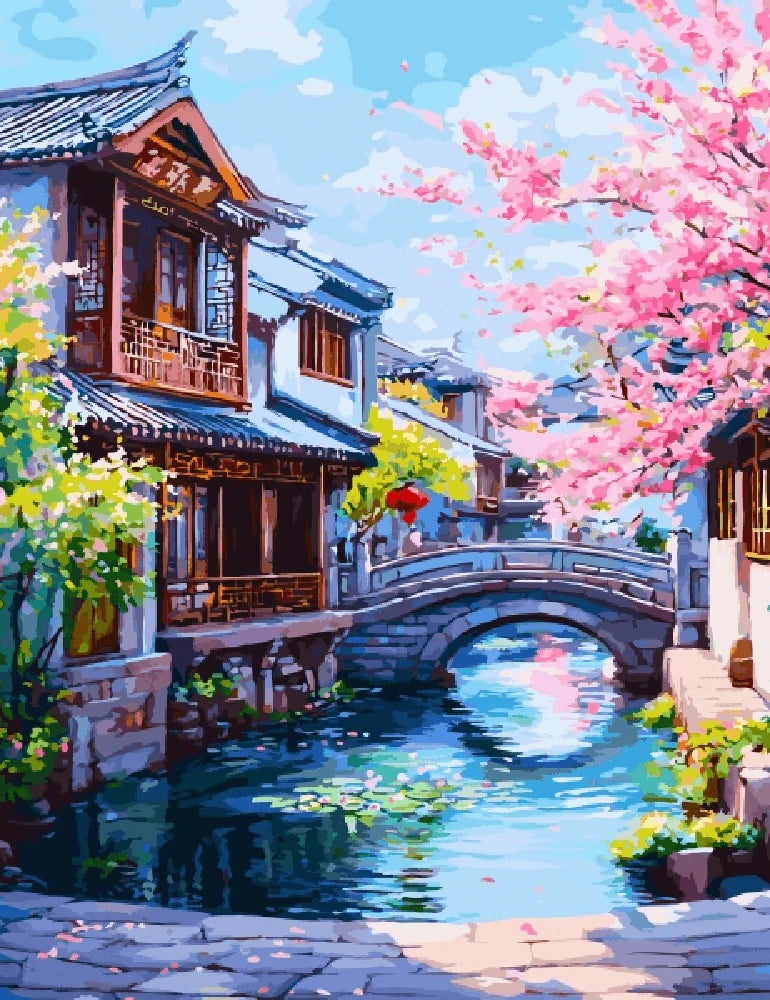 A serene painting of a village with a river flowing under a charming bridge.