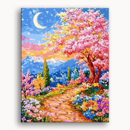 A painting depicting a tree adorned with flowers under a glowing moon in a serene night sky.