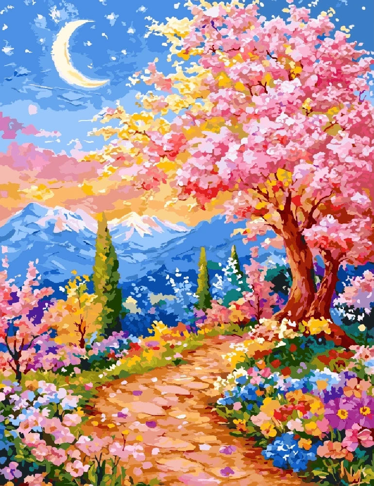 A painting depicting a tree adorned with flowers under a glowing moon in a serene night sky.