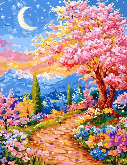 A painting depicting a tree adorned with flowers under a glowing moon in a serene night sky.