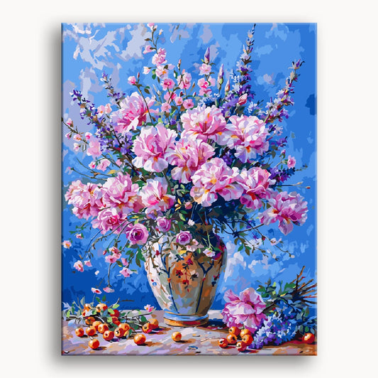 A painting depicting a vase filled with vibrant pink flowers against a soft background.