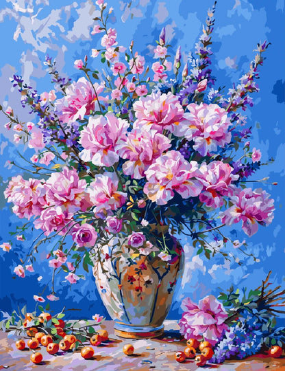 A painting depicting a vase filled with vibrant pink flowers against a soft background.