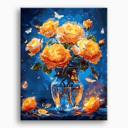 A painting depicting a vase filled with vibrant yellow roses against a soft background.