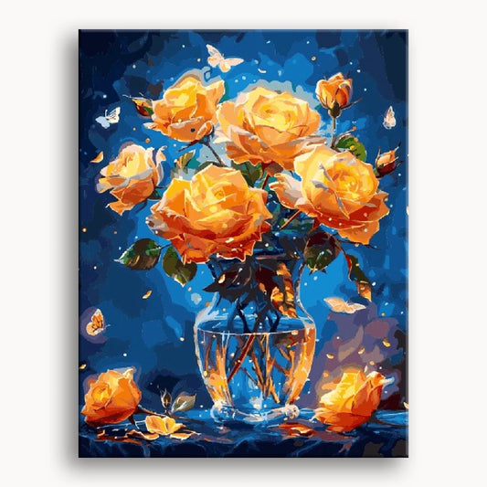 A painting depicting a vase filled with vibrant yellow roses against a soft background.