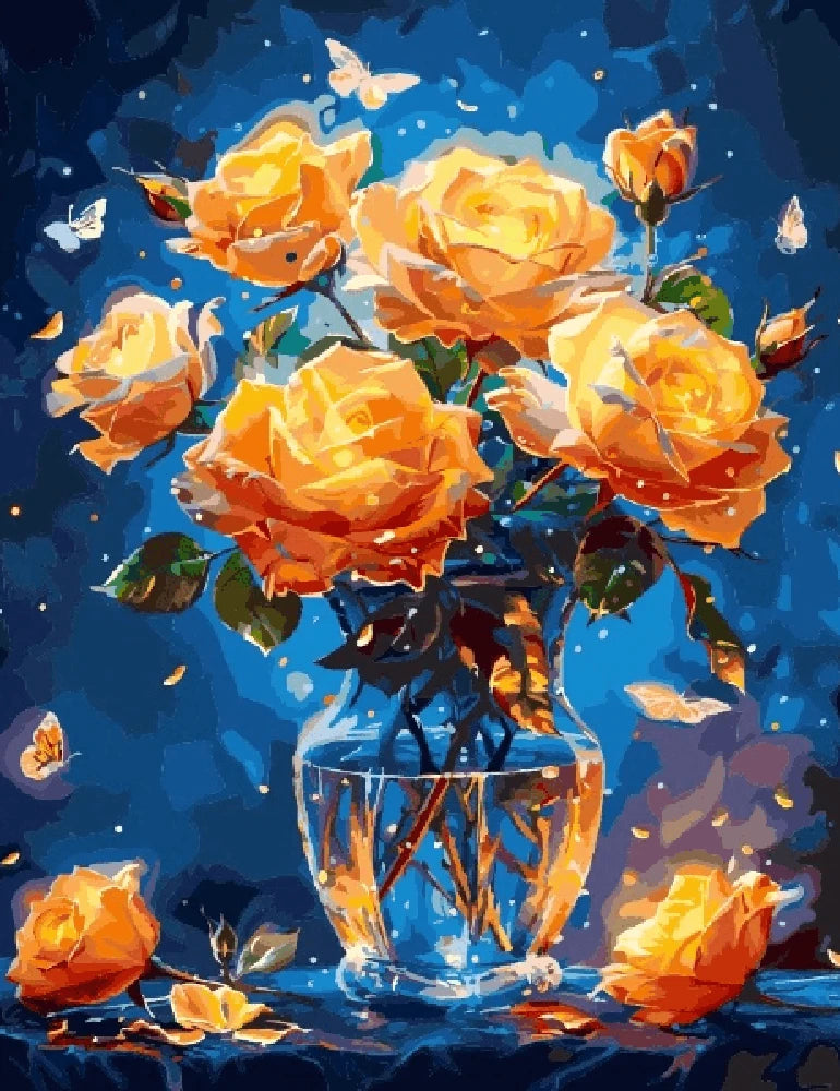 A painting depicting a vase filled with vibrant yellow roses against a soft background.