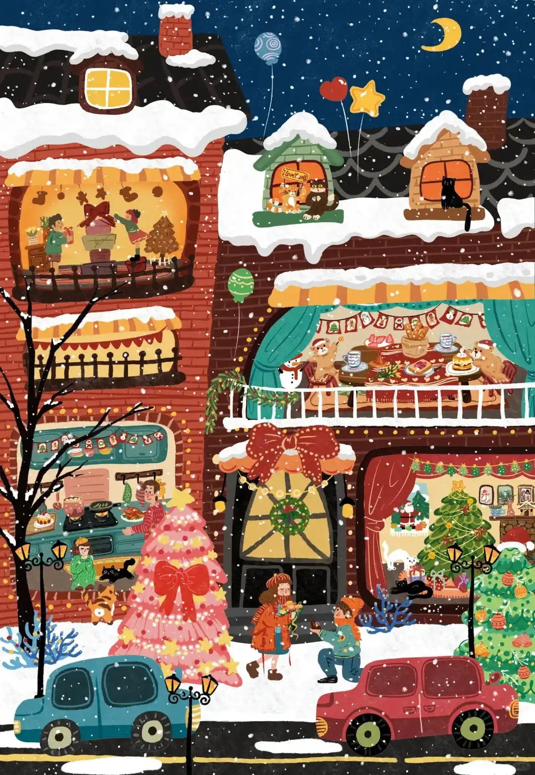 Snow falls on Christmas street