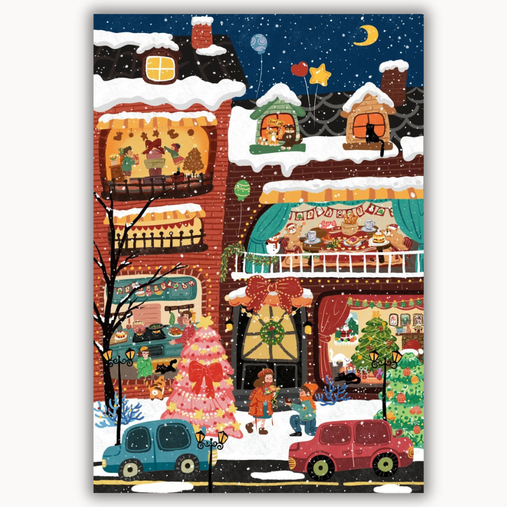 Snow falls on Christmas street