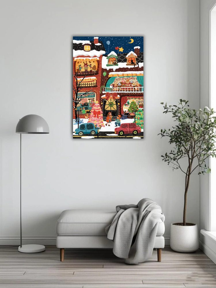 Snow falls on Christmas street