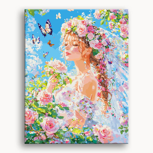 A painting depicting a woman surrounded by vibrant flowers and fluttering butterflies in a serene setting.