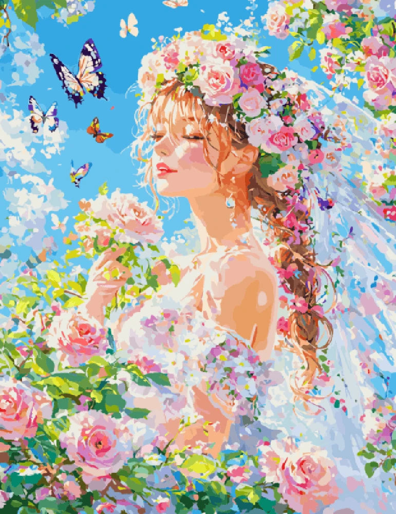 A painting depicting a woman surrounded by vibrant flowers and fluttering butterflies in a serene setting.