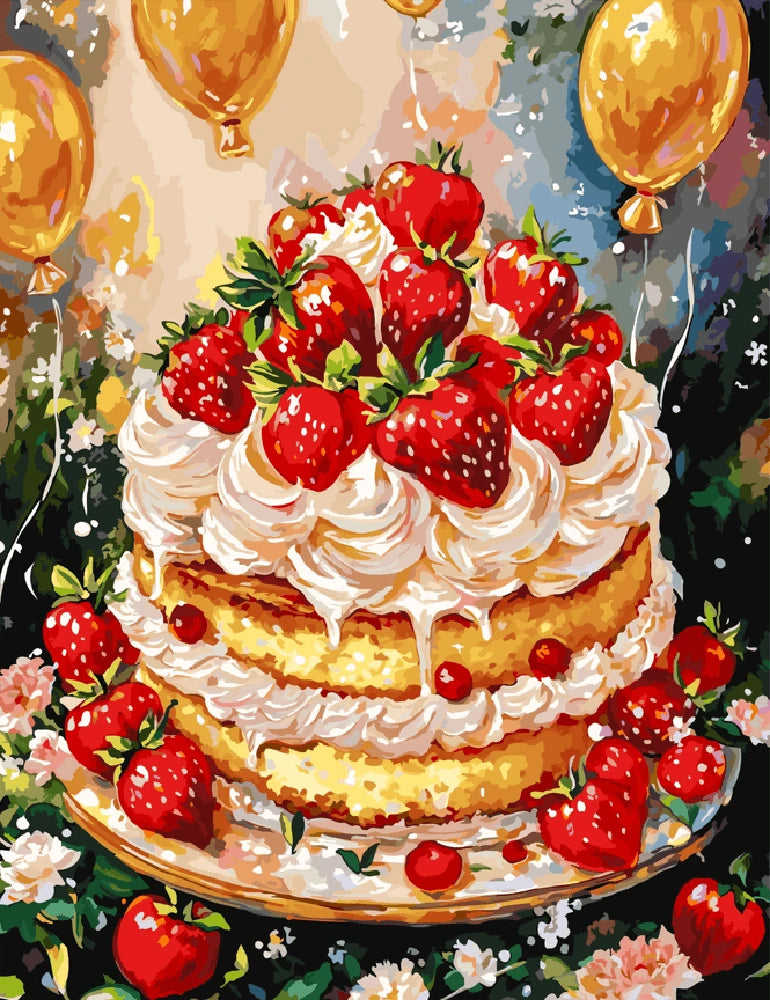 A colorful painting of a cake topped with strawberries, surrounded by festive balloons.