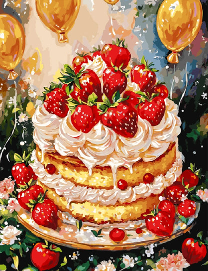 A colorful painting of a cake topped with strawberries, surrounded by festive balloons.