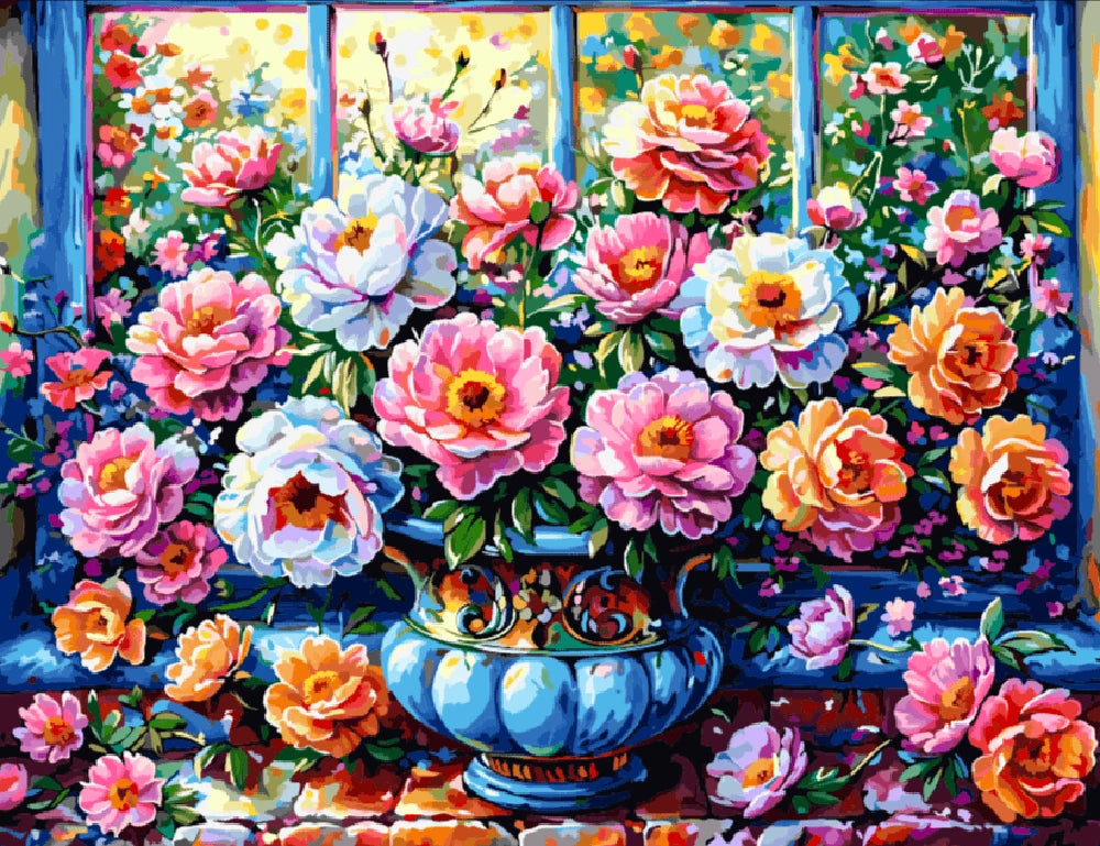 A painting depicting a vase of colorful flowers on a sunlit window sill, enhancing the serene indoor atmosphere.