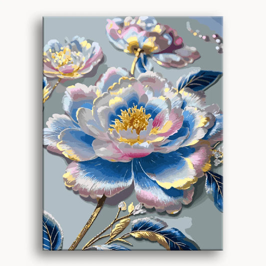 A vibrant painting featuring a blue and pink flower against a soft background.
