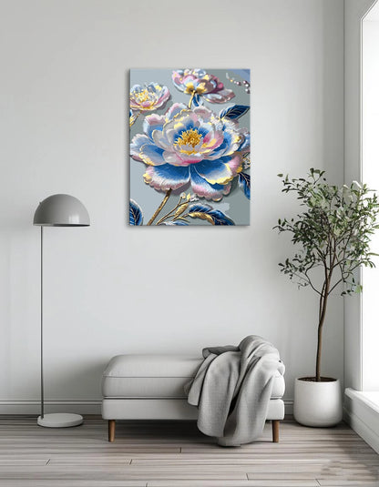 A vibrant painting featuring a blue and pink flower against a soft background.
