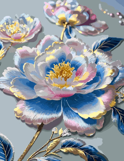A vibrant painting featuring a blue and pink flower against a soft background.
