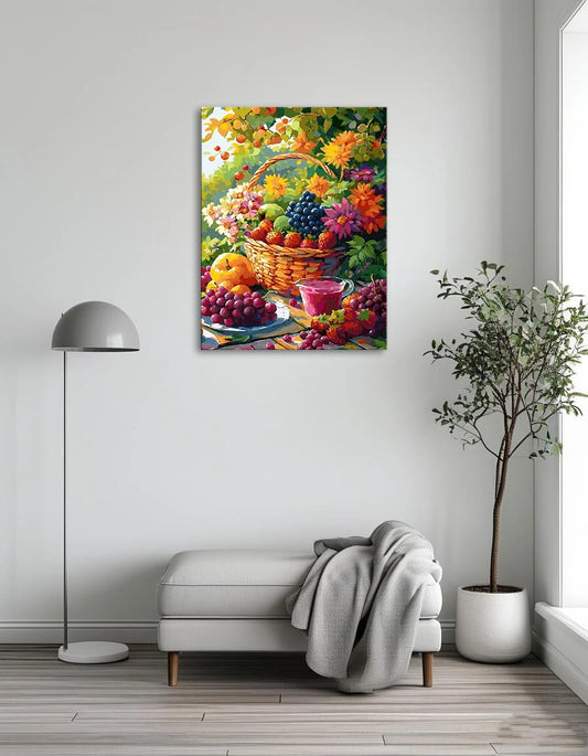 A vibrant painting of assorted fruit and berries arranged on a rustic table.
