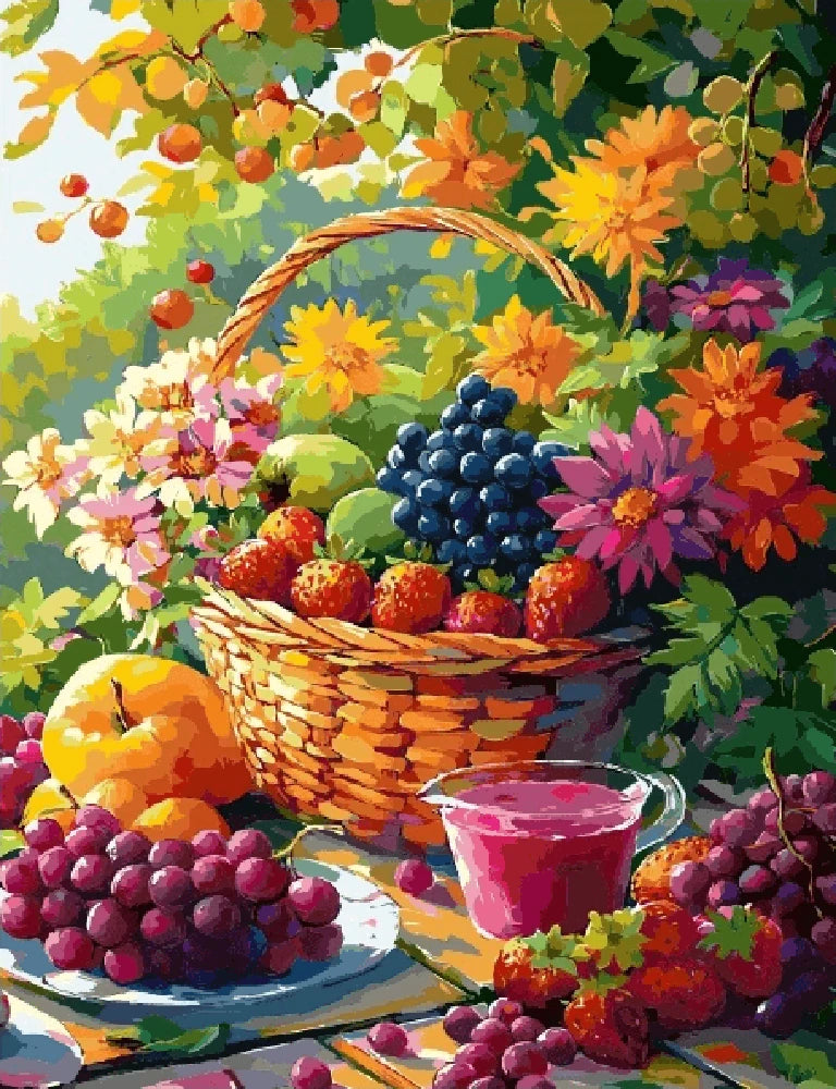 A vibrant painting of assorted fruit and berries arranged on a rustic table.
