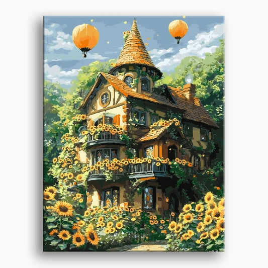 A vibrant painting of a house surrounded by bright sunflowers under a clear blue sky.