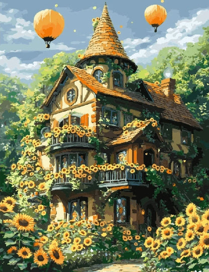 A vibrant painting of a house surrounded by bright sunflowers under a clear blue sky.