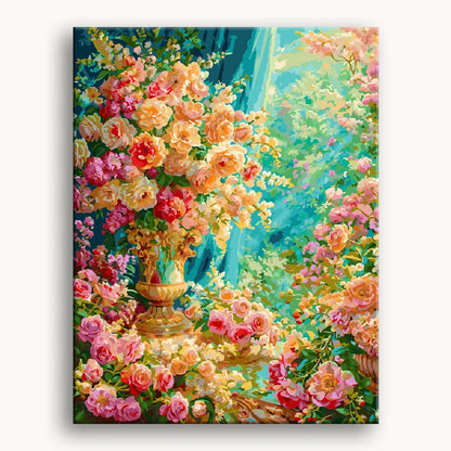 A colorful painting depicting a vase filled with a variety of blooming flowers.