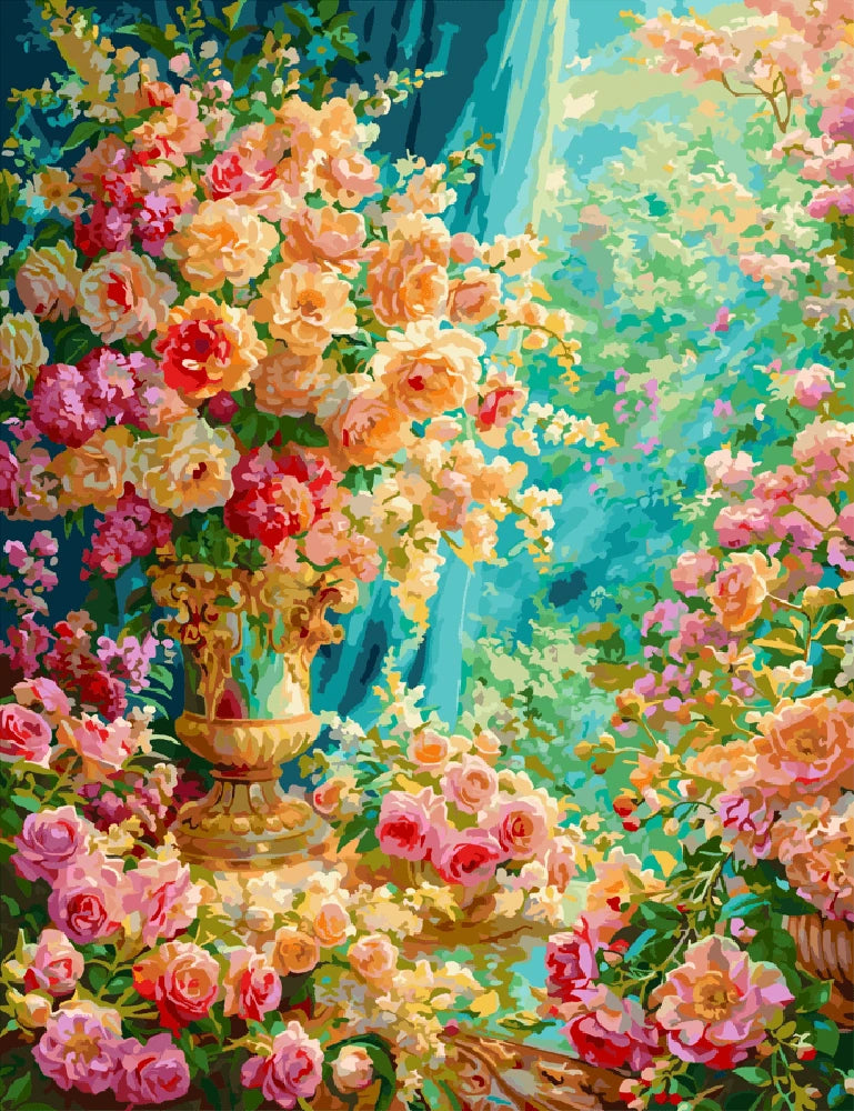 A colorful painting depicting a vase filled with a variety of blooming flowers.