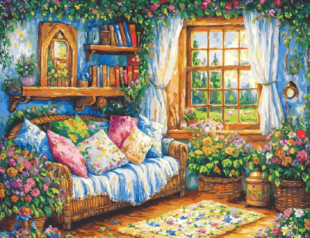 A painting depicting a cozy room featuring a couch and a vase of colorful flowers on a table.