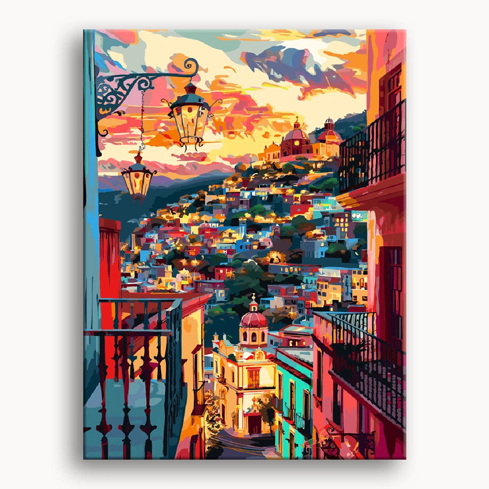 A vibrant painting of a city skyline illuminated by a colorful sunset, showcasing hues of orange, pink, and purple.