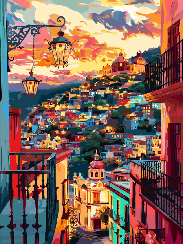 A vibrant painting of a city skyline illuminated by a colorful sunset, showcasing hues of orange, pink, and purple.